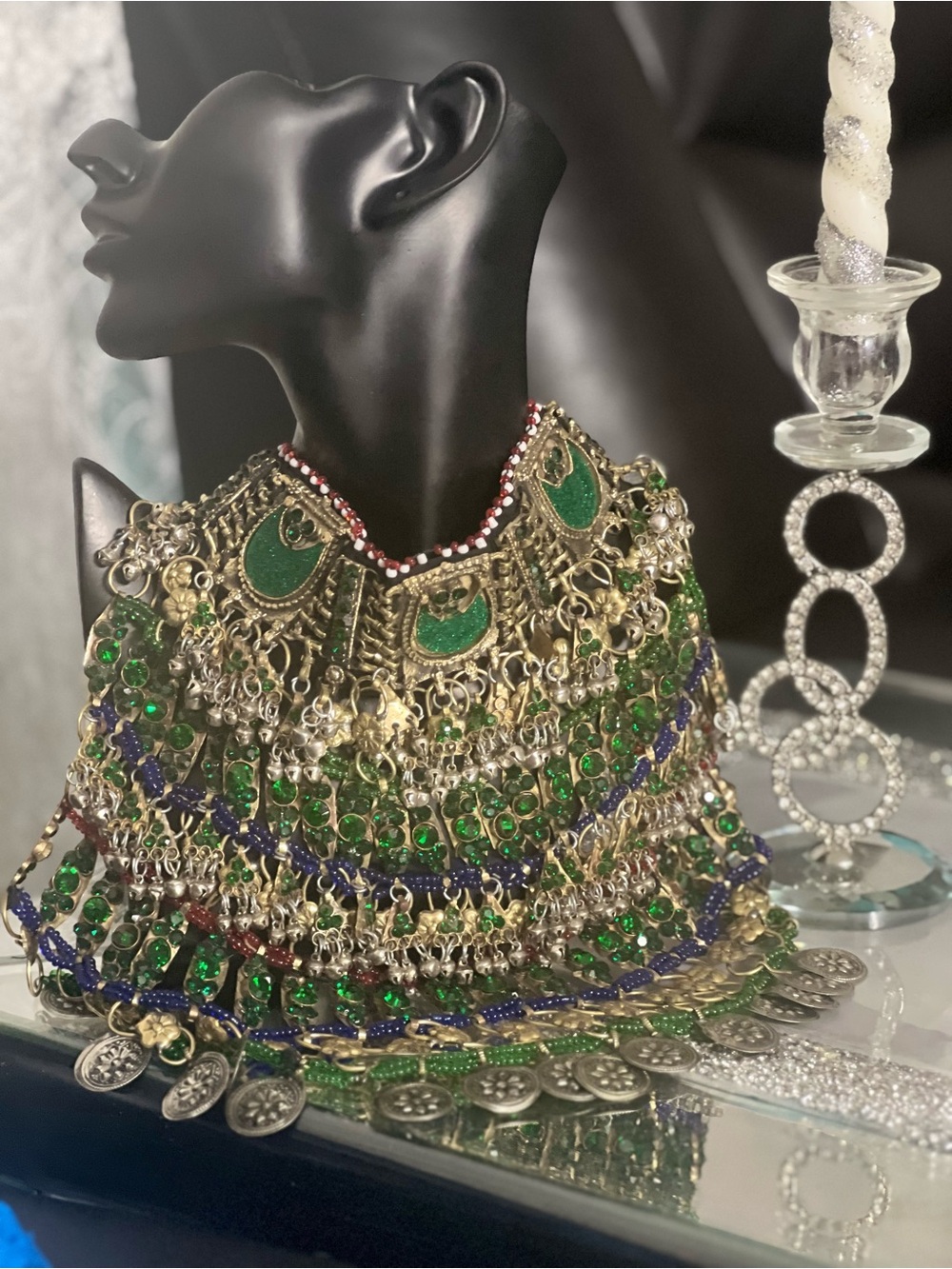 Afghan Traditional Statement Necklace Green Blue Jewelry Set